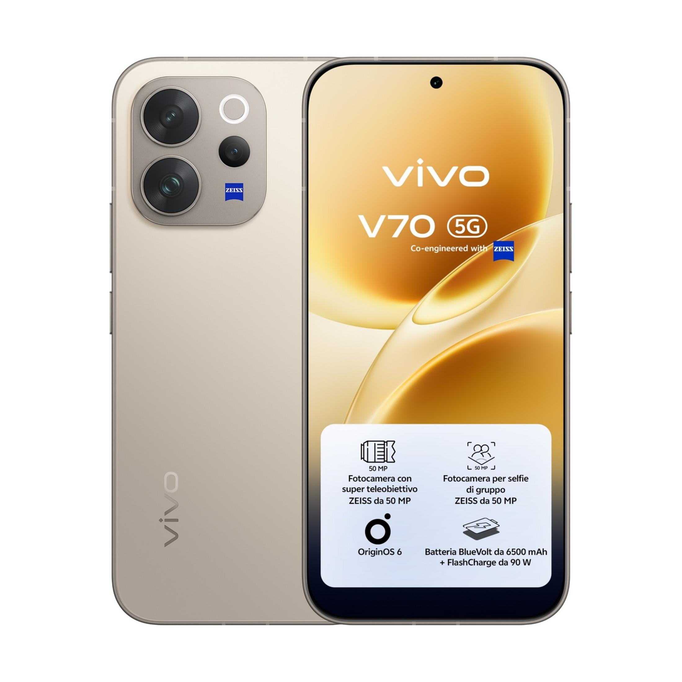 Złoty smartfon Vivo V70 5G z potrójnym aparatem z tyłu i logo Vivo.