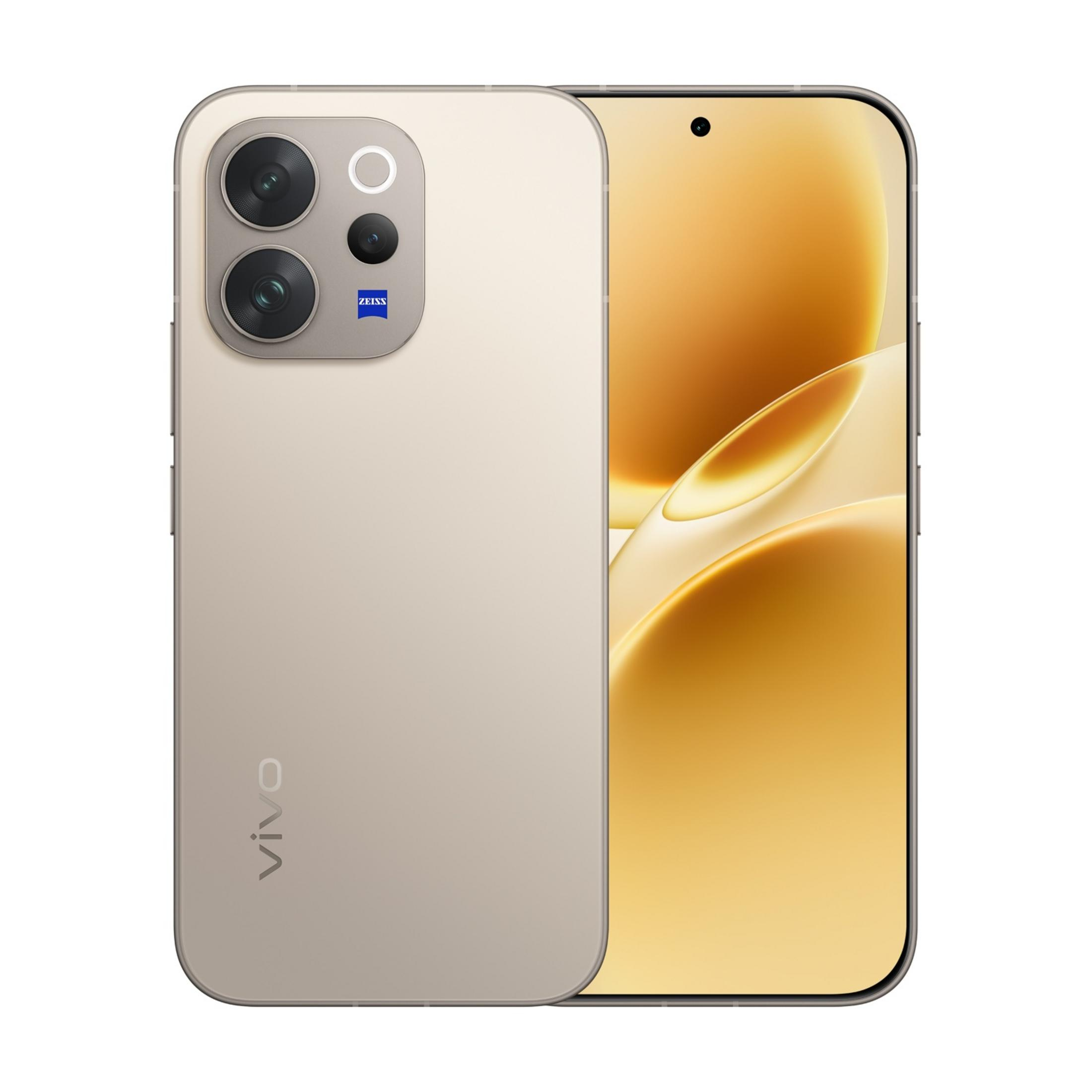 Jasnozłoty smartfon z trzema tylnymi aparatami i logo Zeiss.