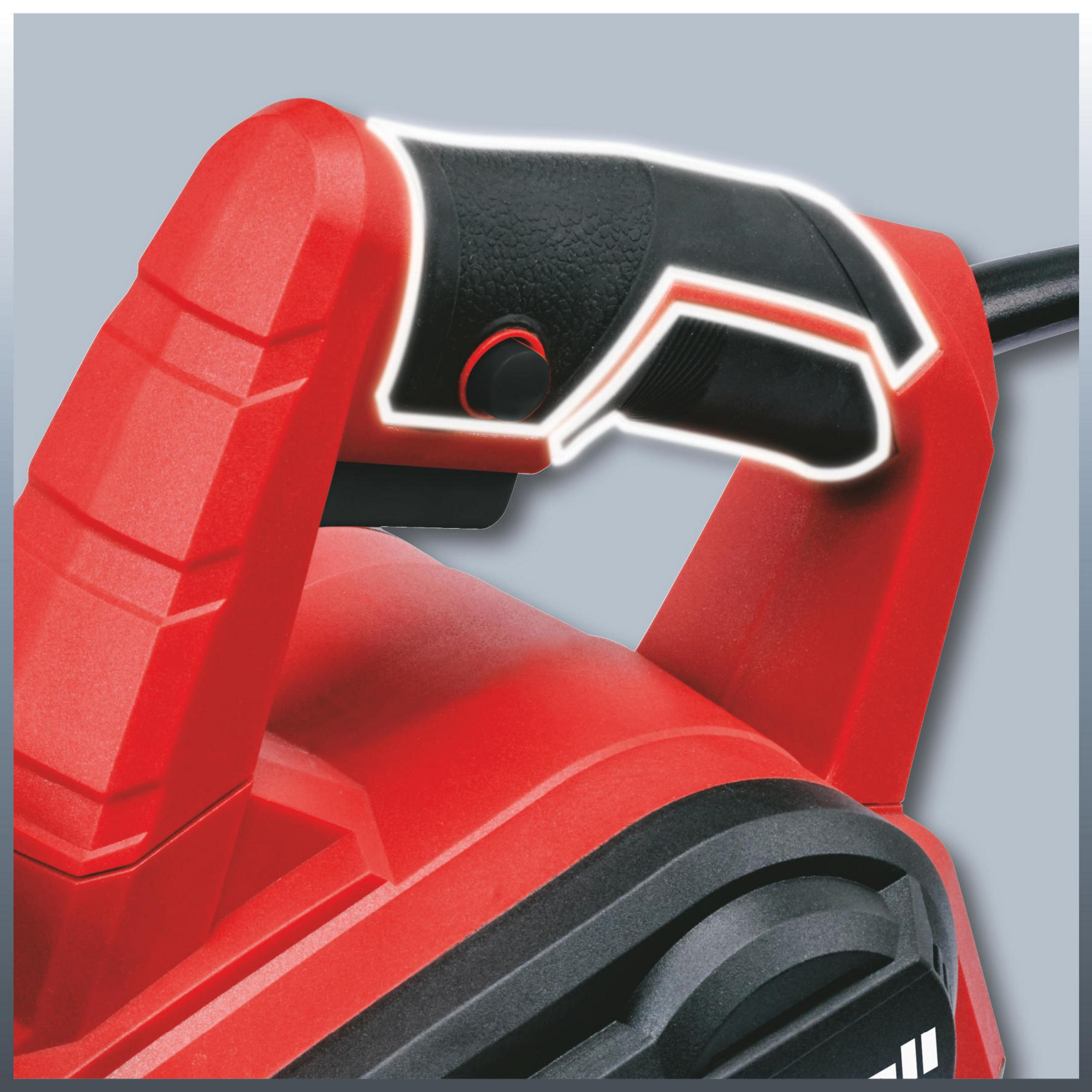 Impugnatura rossa elettroutensile con grip in gomma nera e contorno bianco.