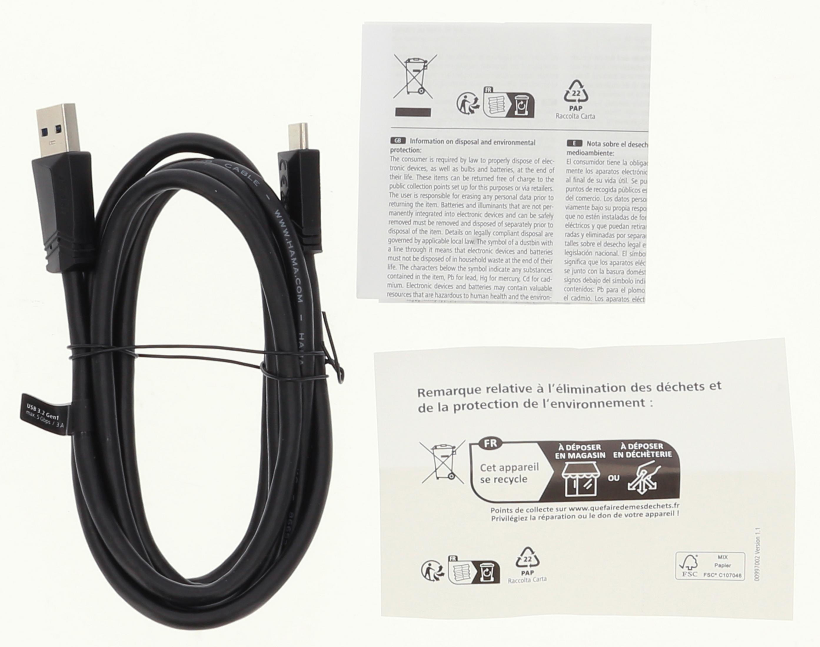 Schwarzes USB-Kabel mit zwei Anschlüssen und Hinweisen zur Entsorgung.