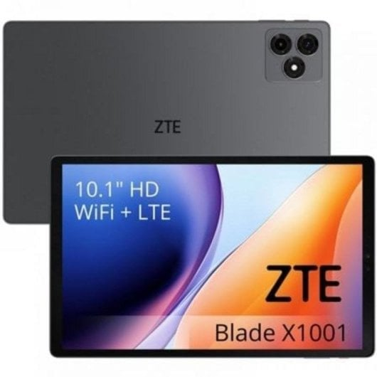 Tableta ZTE gris con pantalla HD de 10,1", WiFi+LTE. Parte trasera con 3 cámaras.