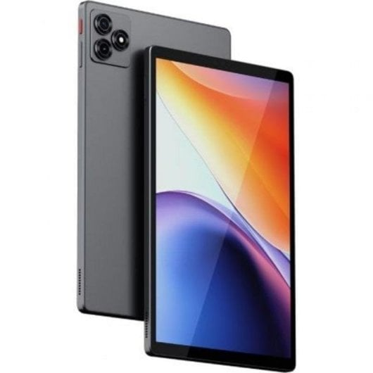 Una tableta gris con tres cámaras en la parte trasera y una pantalla colorida.