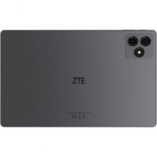 Reverso de una tablet ZTE gris con cámara triple y logo.