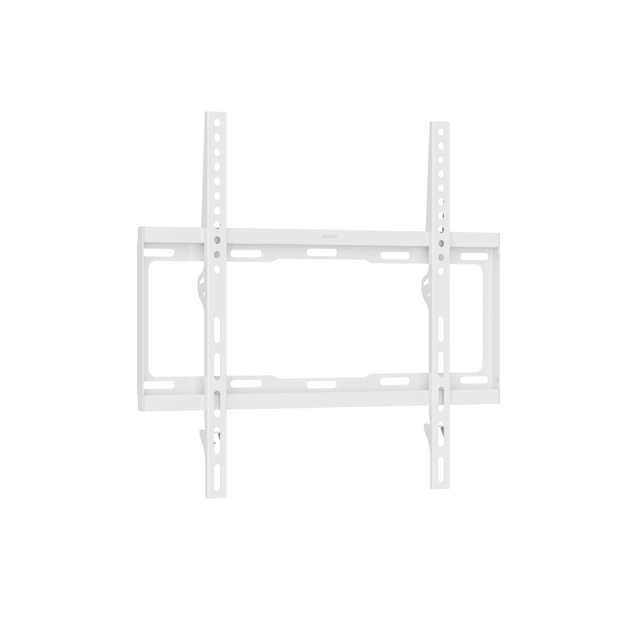White metal TV wall mount with adjustable arms and mounting holes.