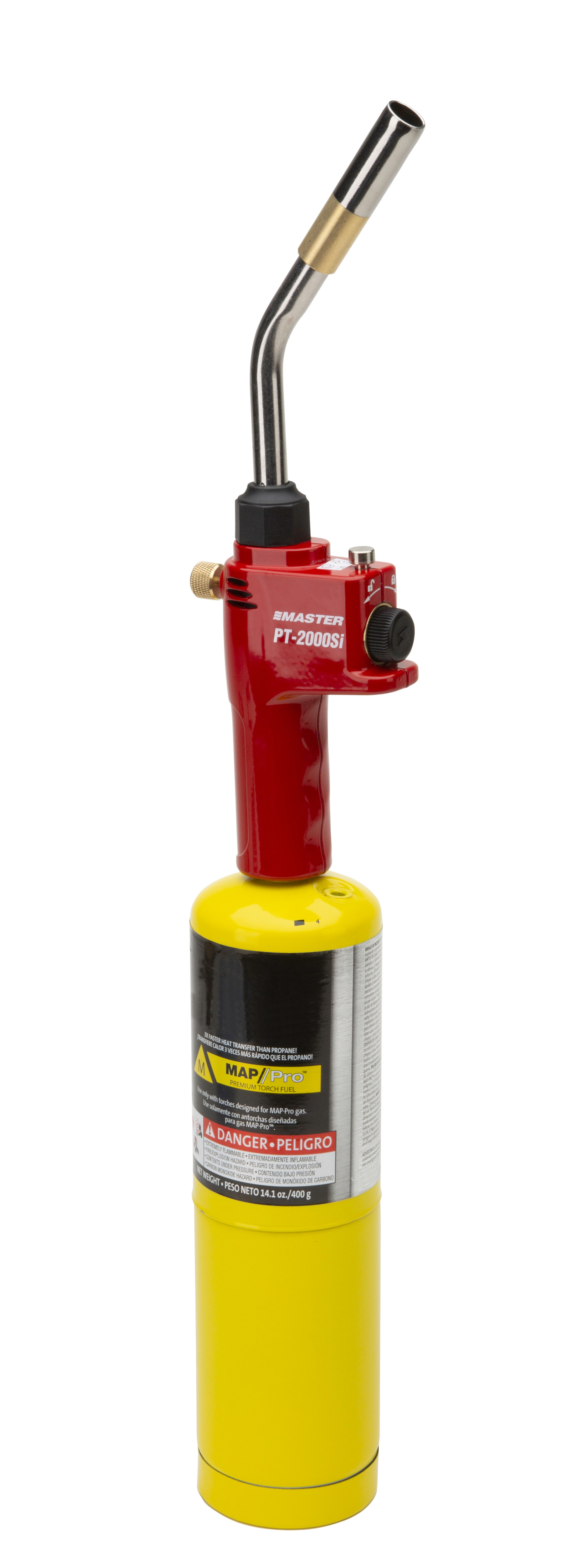 Ein roter Brennergriff mit einem gebogenen Metallrohr ist auf einem gelben Propantank montiert.