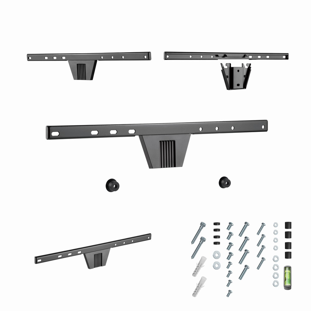 Schwarze TV-Wandhalterungsteile mit Schrauben und Dübeln.