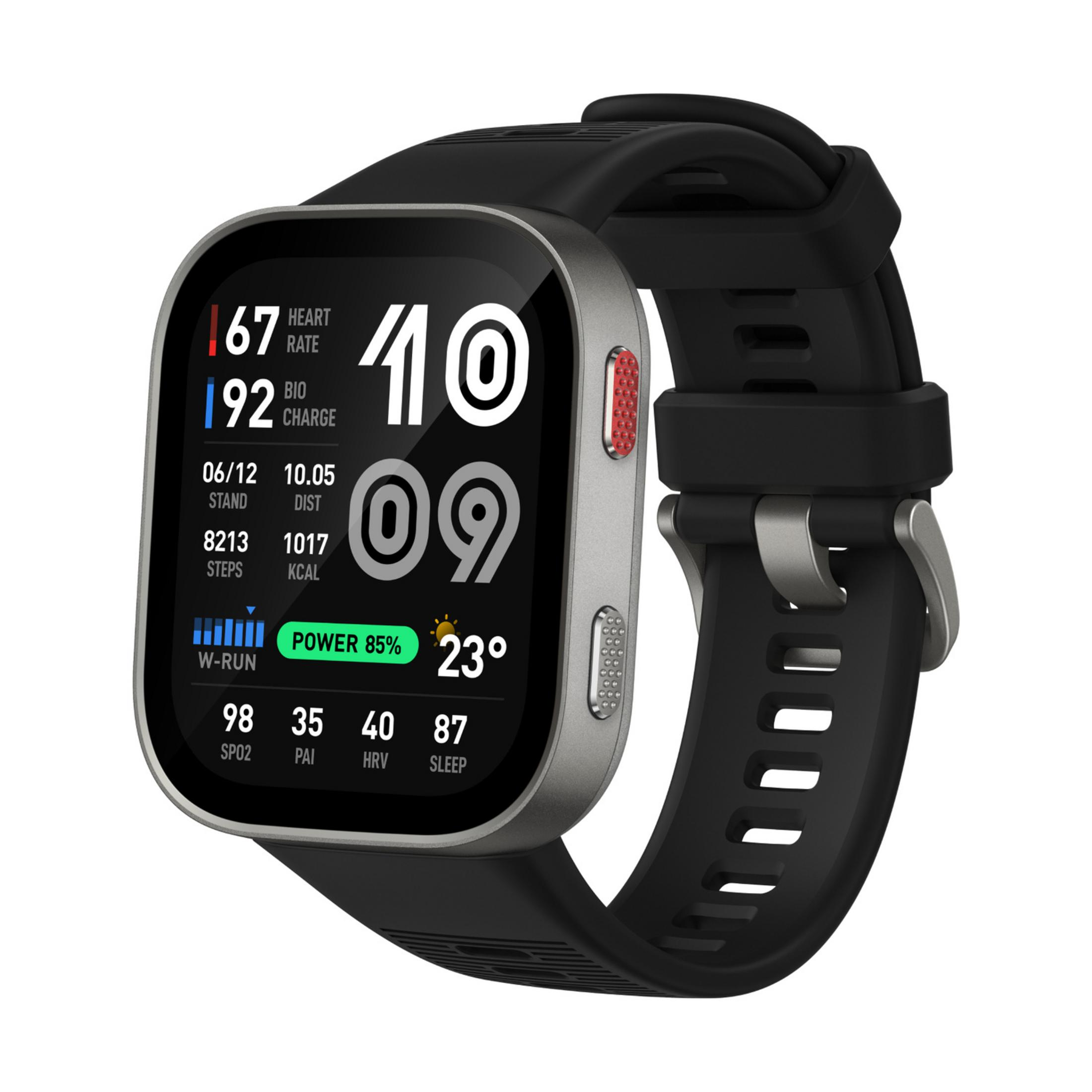 Reloj inteligente gris con correa negra, pantalla muestra frecuencia cardíaca, pasos, calorías y clima.