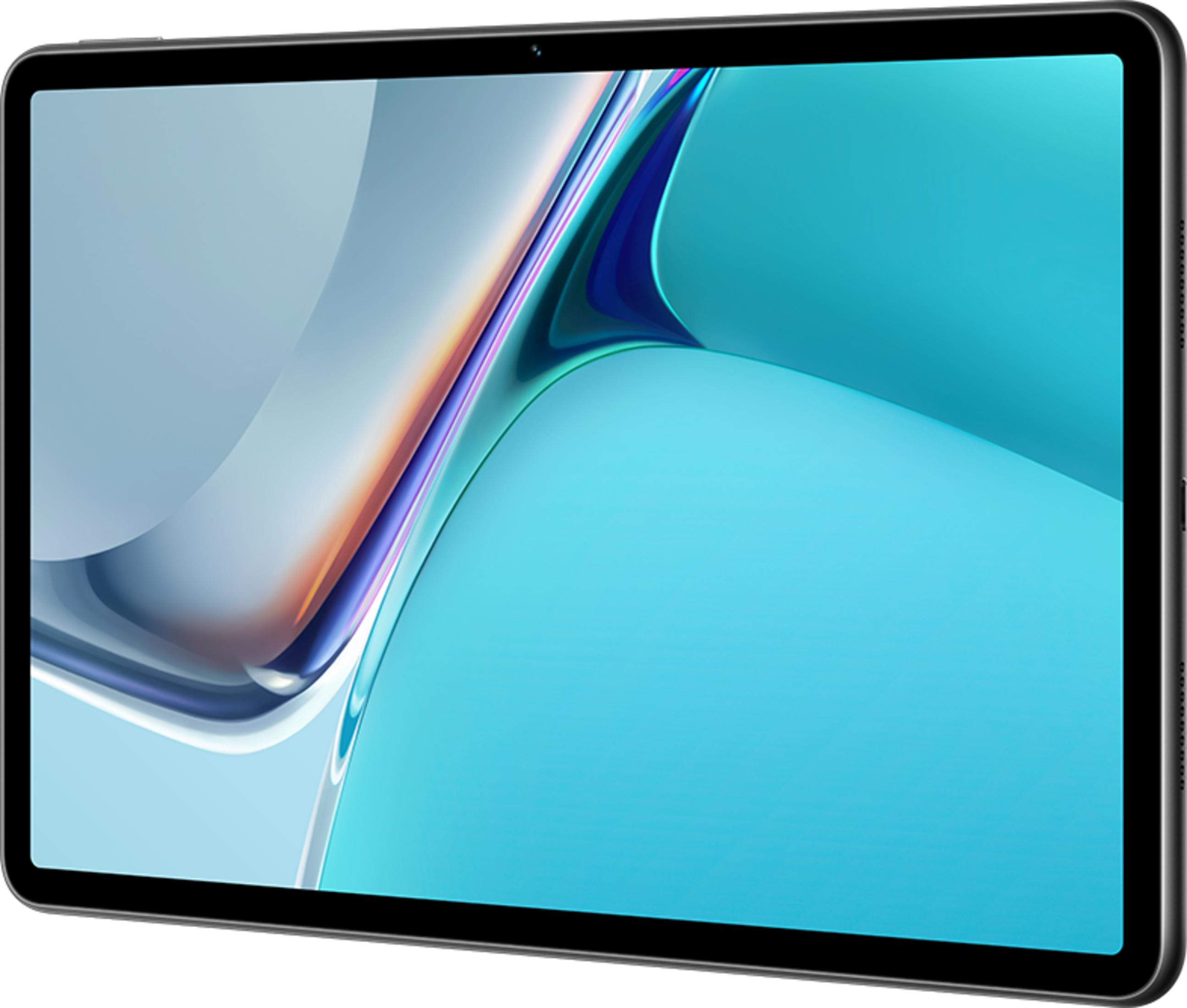 Ein graues Tablet mit einem blauen und bunten Hintergrundbild.