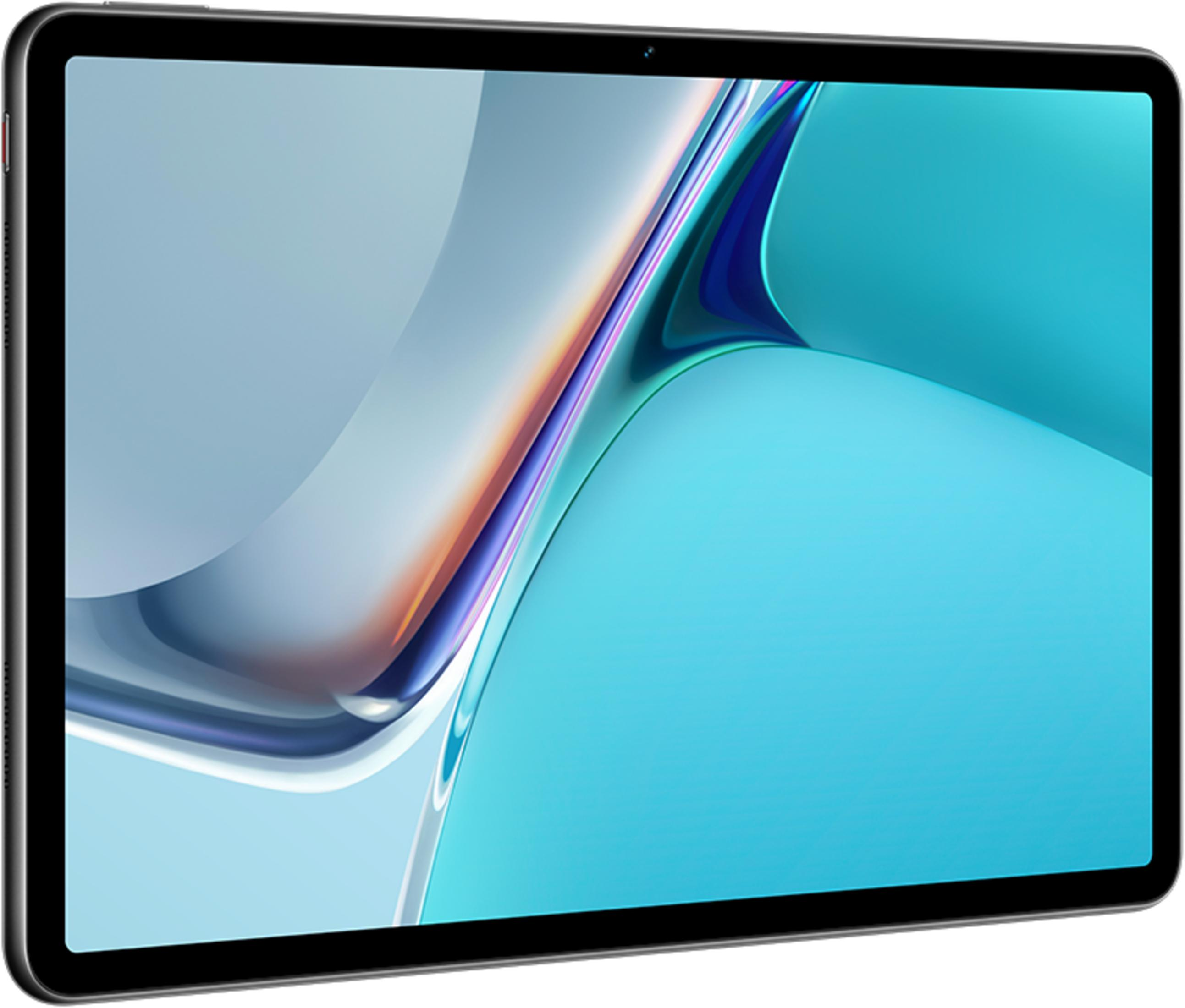 Ein schwarzes Tablet mit hellblauem Bildschirm, das abstrakte bunte Formen zeigt.