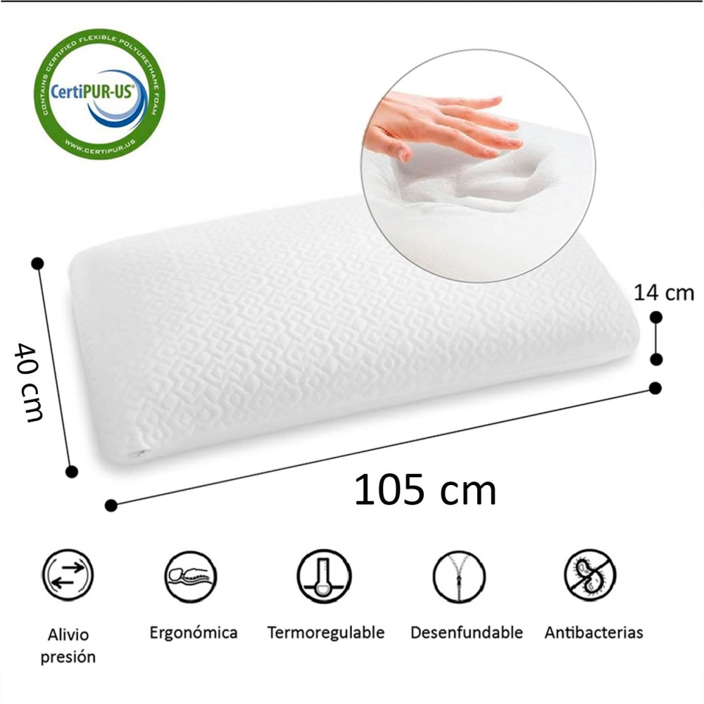 Almohada blanca 105x40x14cm, certificada CertiPUR-US, con alivio presión.