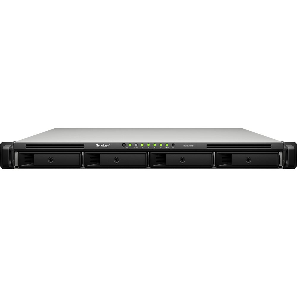 Ein schwarzes Synology RS1826xs+ NAS mit vier Laufwerksschächten und Statusleuchten.