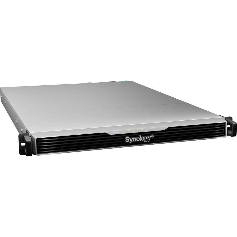 Ein silberner Synology Rackmount-Server mit schwarzer Frontblende und Anzeigelichtern.
