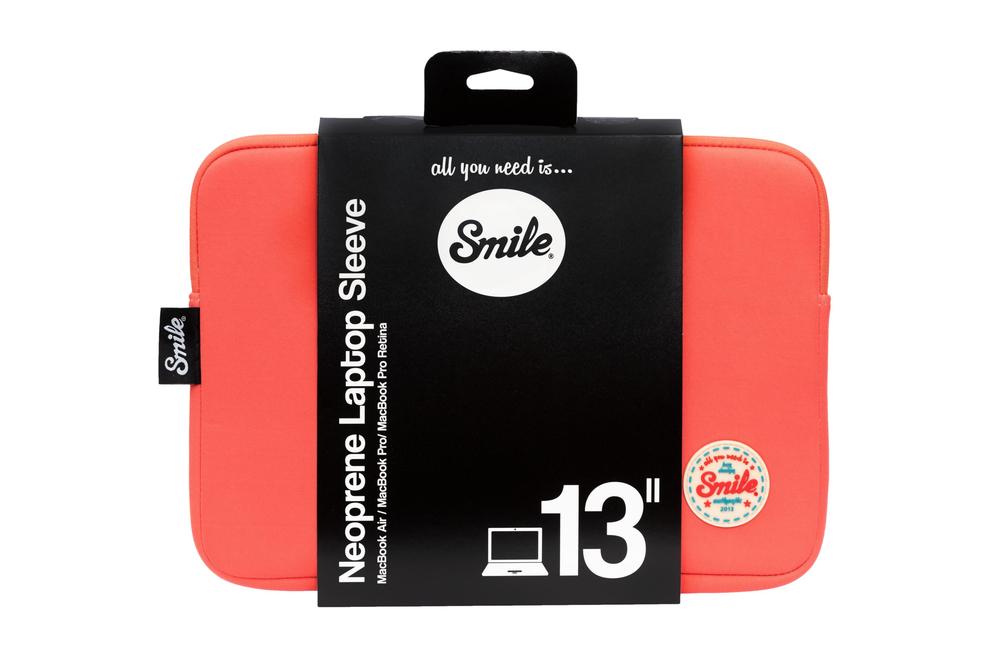Custodia per laptop in neoprene corallo da 13 pollici con confezione nera.