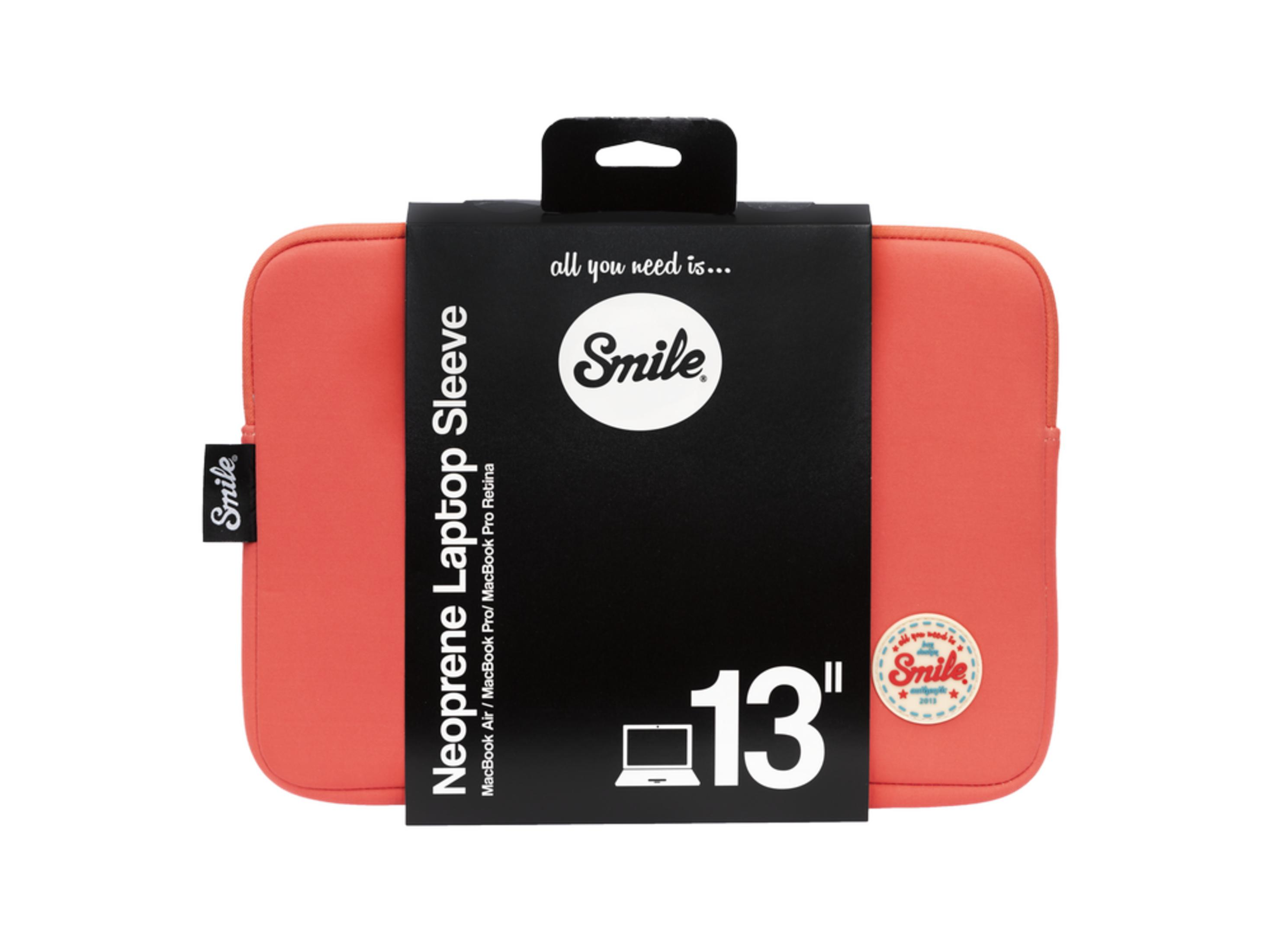 Una custodia per laptop in neoprene color corallo da 13 pollici con logo Smile.