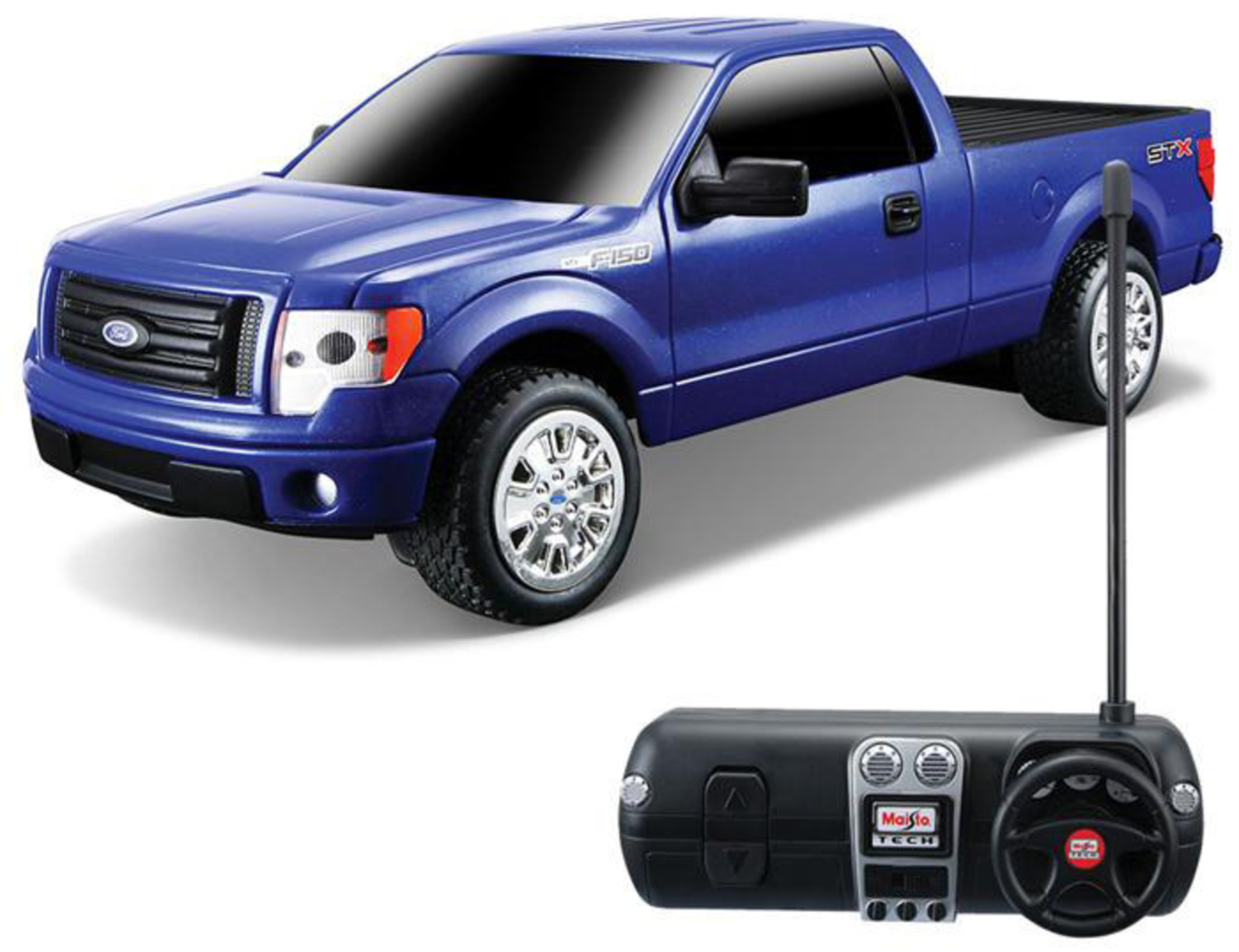 Camioneta Ford F-150 de juguete azul con control remoto y volante.