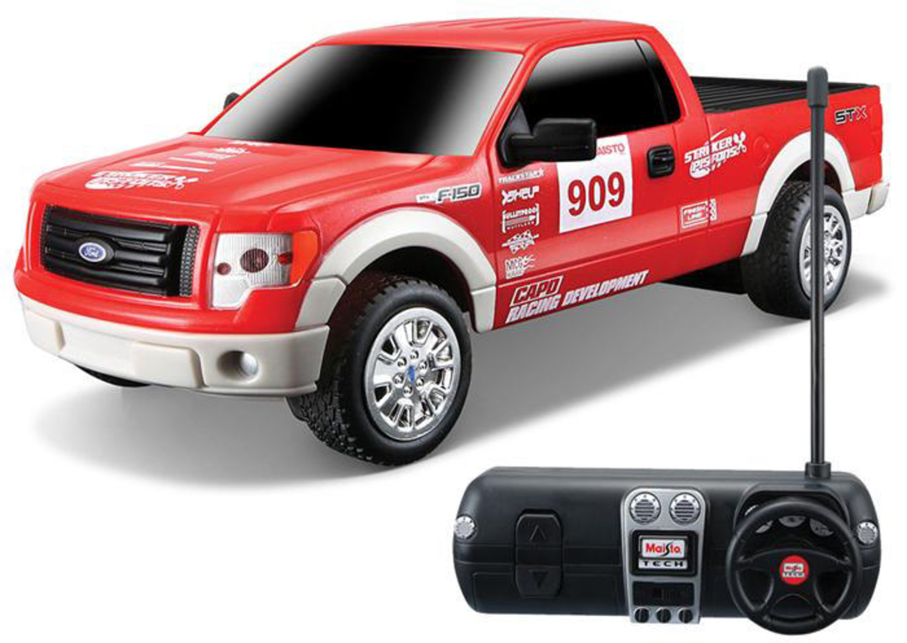 Camioneta Ford F-150 roja a control remoto con el número 909 y mando.