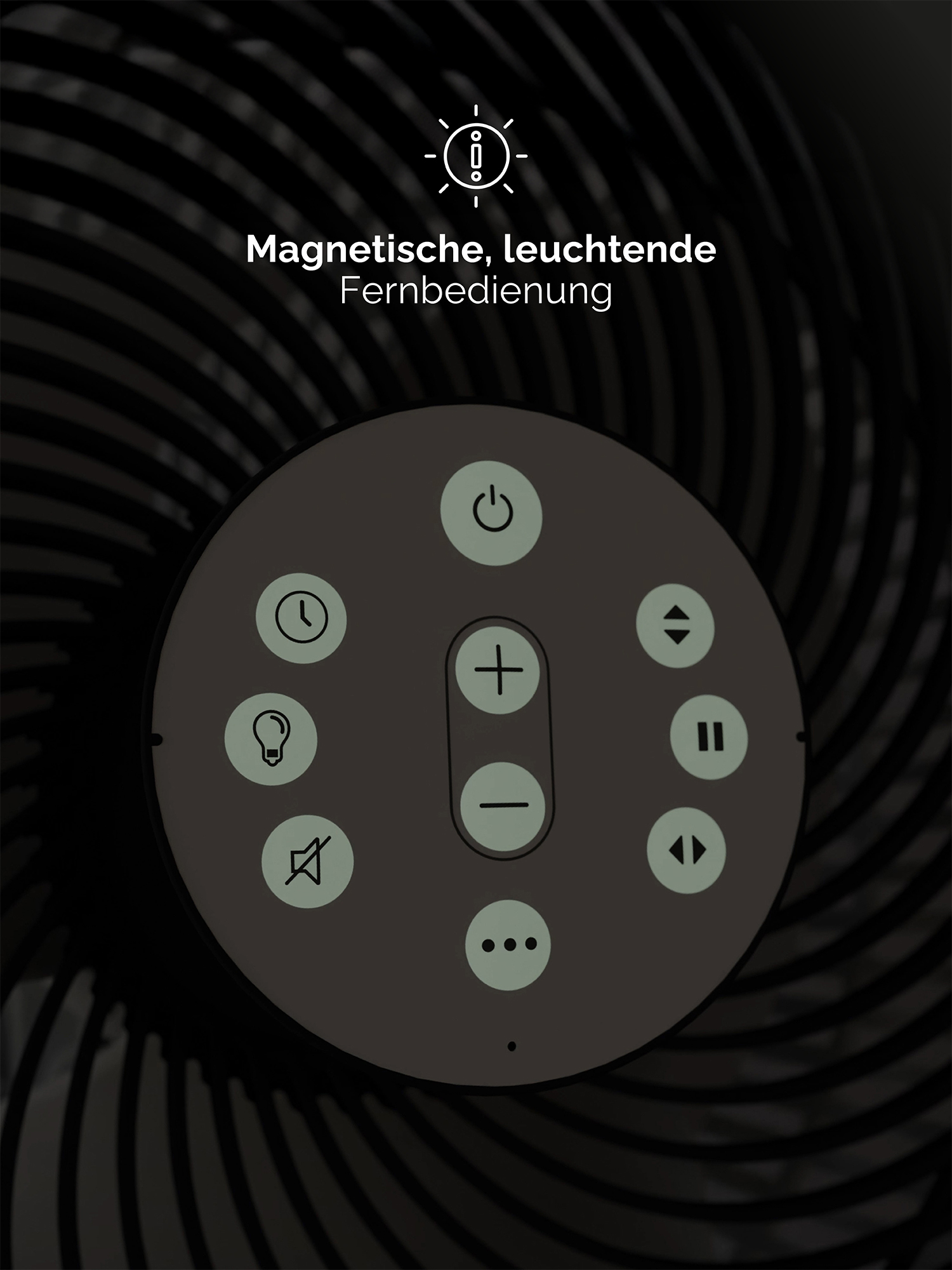 Primer plano de un mando a distancia con iconos de encendido, volumen, temporizador y luz.
