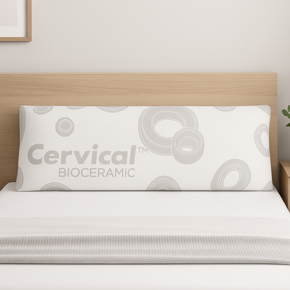 Una almohada larga blanca con círculos concéntricos grises y texto Cervical BIOCERAMIC.