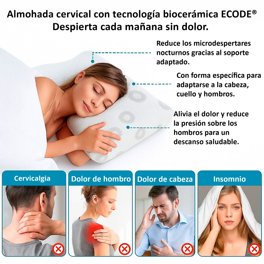 Mujer durmiendo en almohada que alivia dolor de cuello, hombro y cabeza.