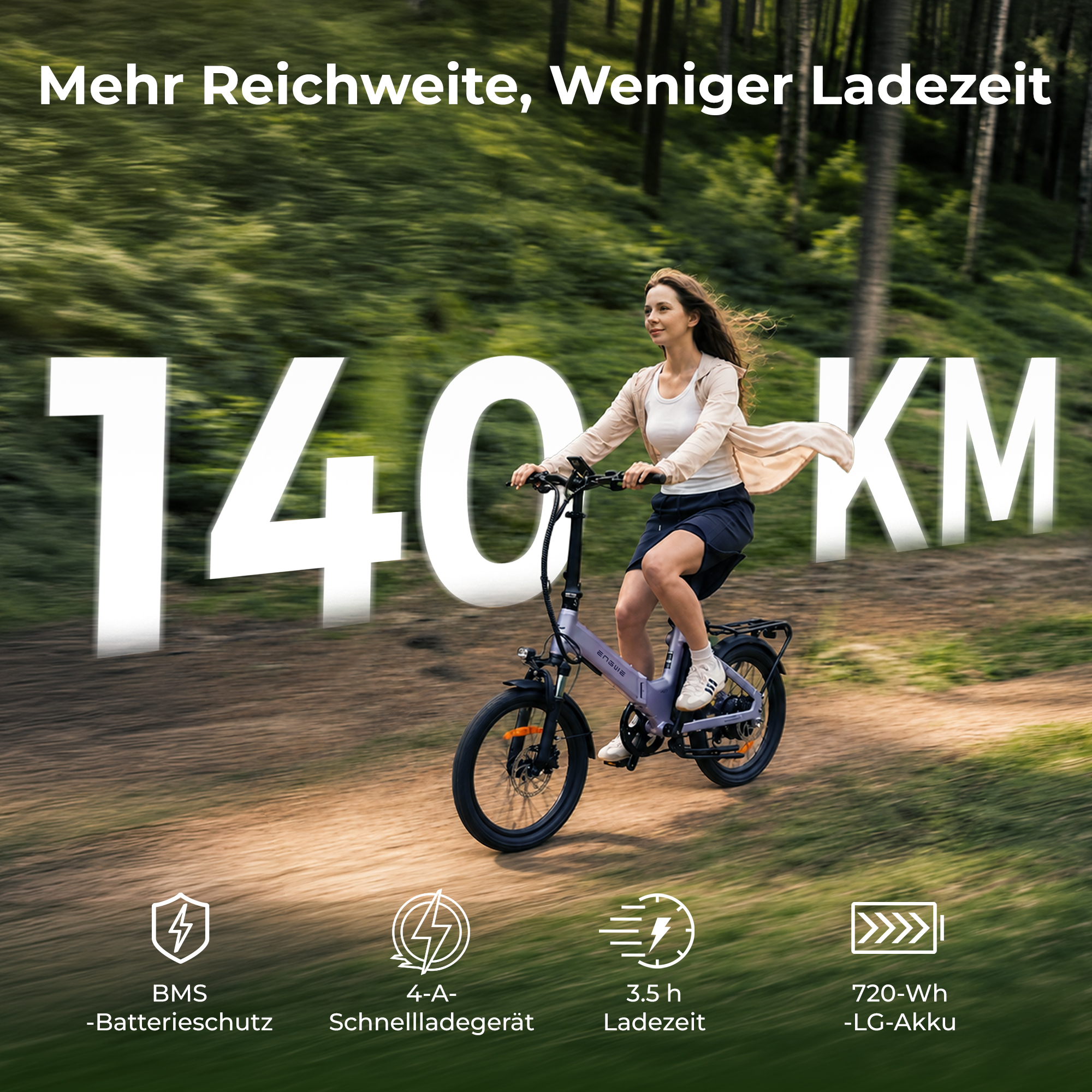 Donna in e-bike nel bosco, autonomia 140 km, info di ricarica.