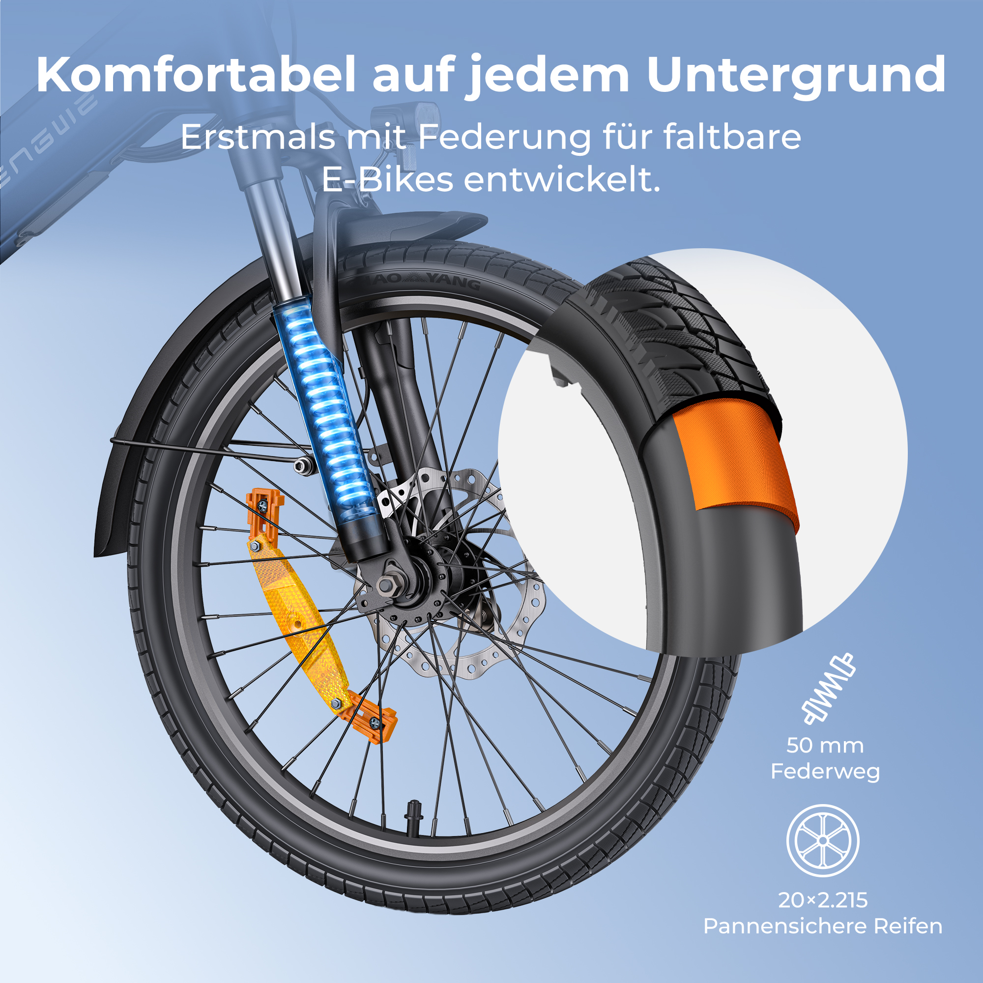 Primo piano della ruota anteriore di una e-bike con sospensione e pneumatico antiforatura.