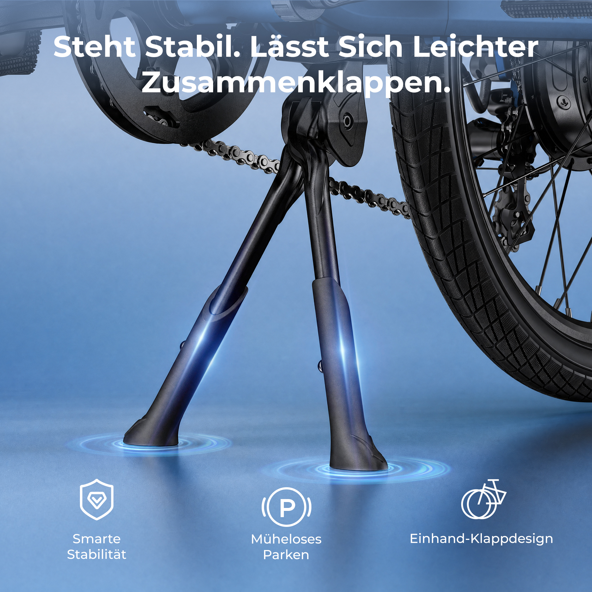 Un cavalletto per bici con catena e ruota. Stabilità smart, parcheggio, pieghevole.