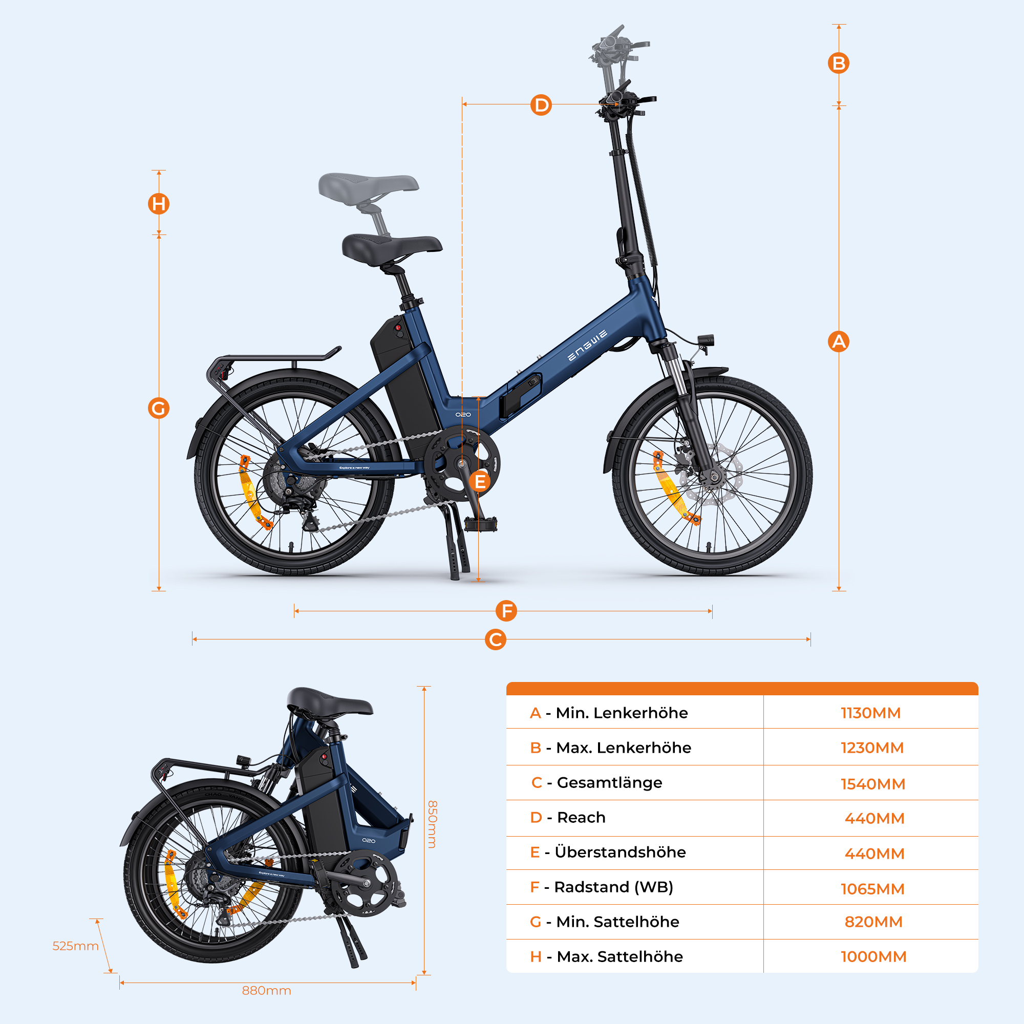 Una e-bike blu con dimensioni e una tabella delle specifiche.