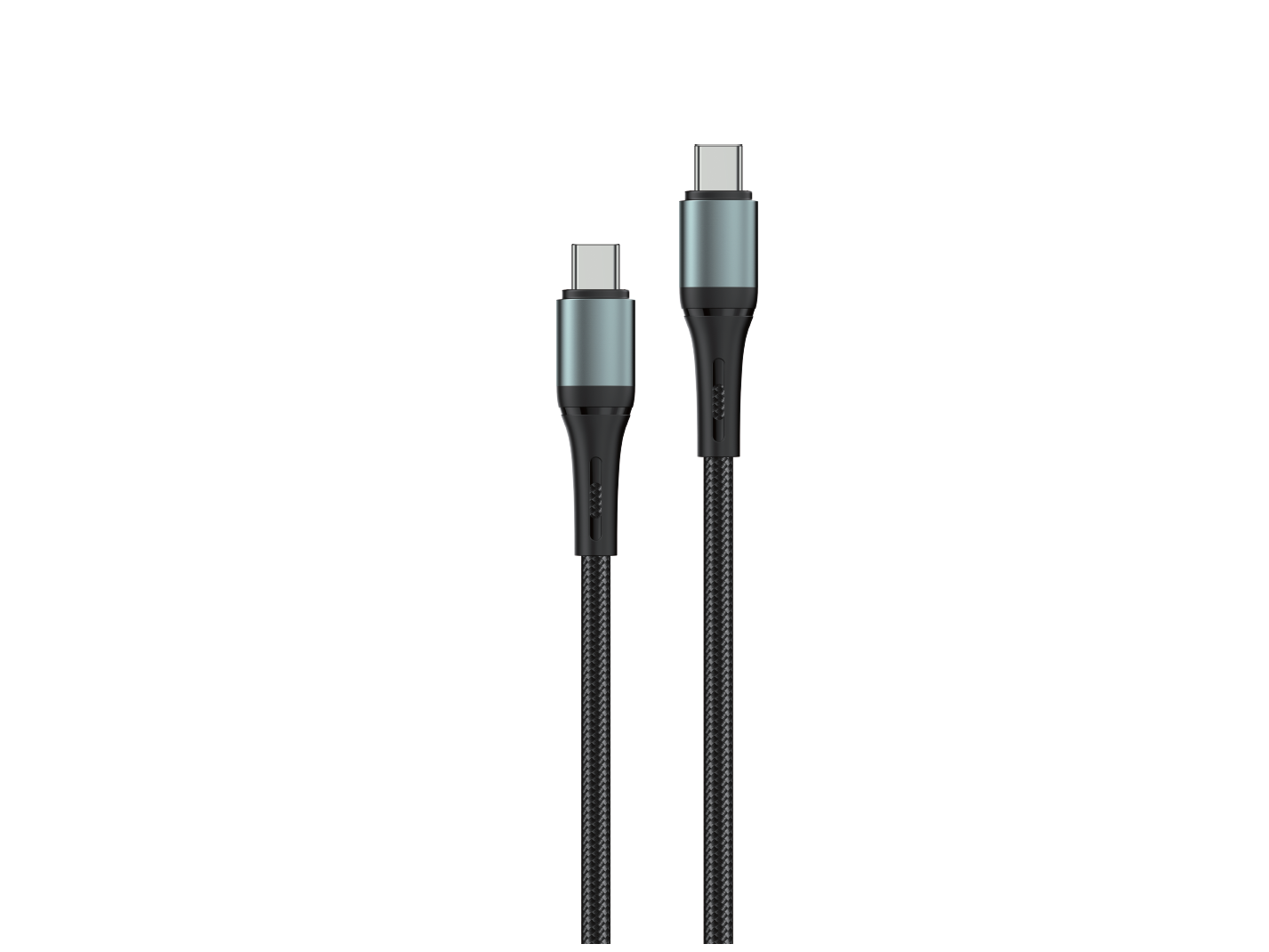 Dwa kable USB-C z plecionymi czarnymi przewodami i metalicznie szarymi złączami.
