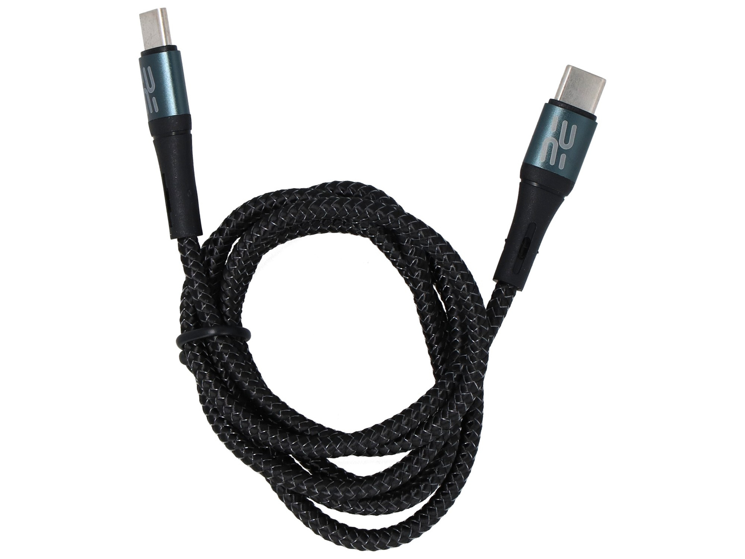 Czarny kabel USB-C z plecionym oplotem i niebieskim logo na złączu.