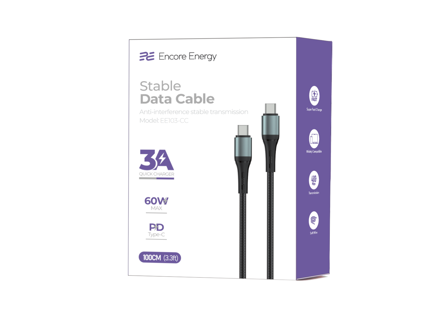 Opakowanie kabla USB-C 3A, 60W, 100cm, z ikonami ładowania.