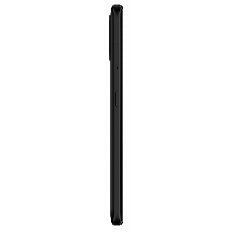 Smartphone nero visto di lato su sfondo bianco.