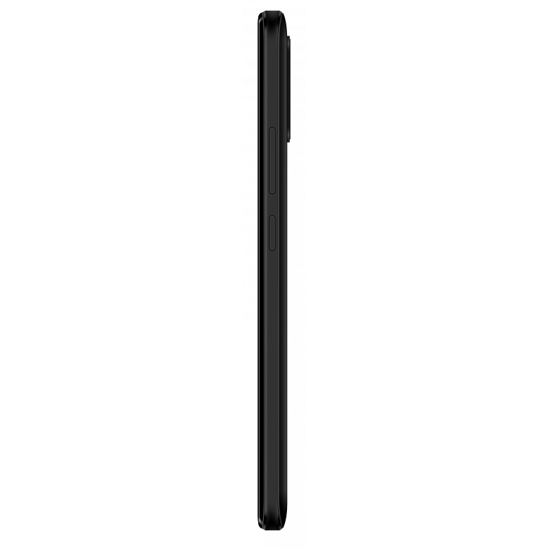 Smartphone nero di profilo su sfondo bianco, vista laterale con pulsanti.