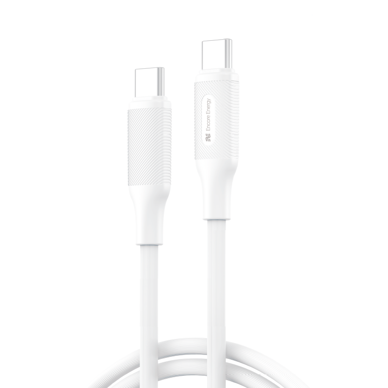 Dwa białe kable USB-C ze srebrnymi akcentami na białym tle.