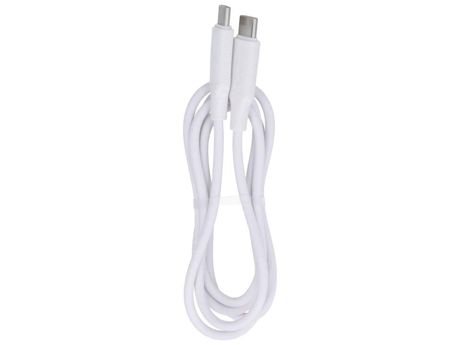 Biały kabel USB-C z dwoma złączami, leżący na białym tle.