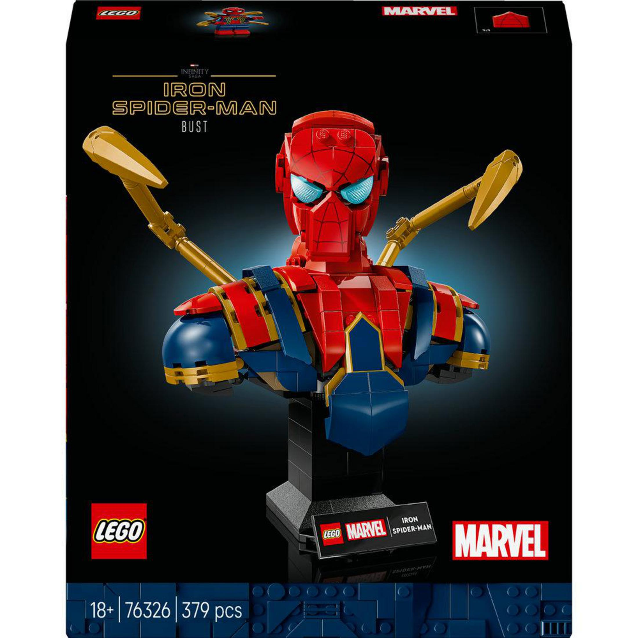 Busto LEGO Iron Spider-Man de la Saga Infinity de Marvel sobre fondo negro.