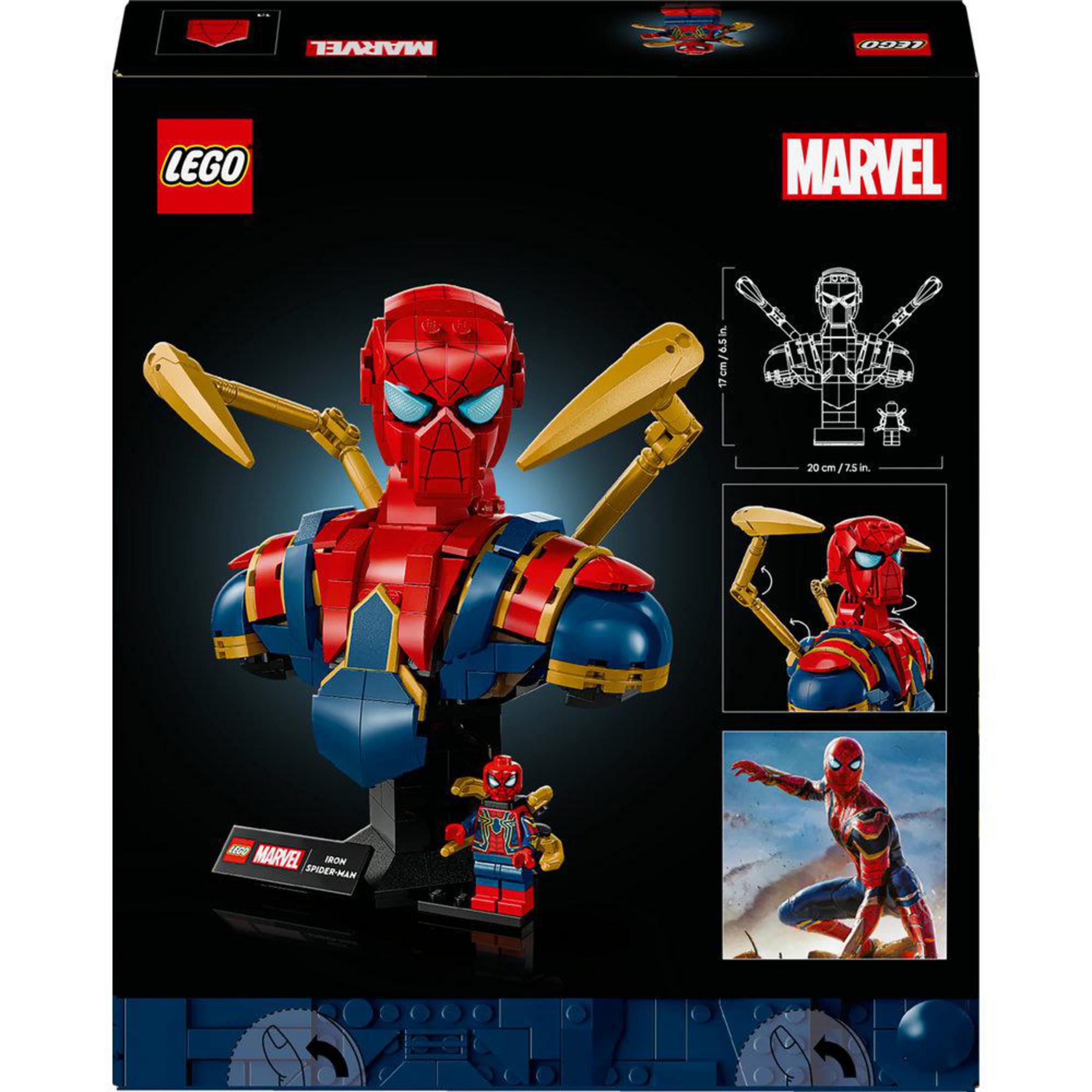 Busto de Lego Iron Spider-Man con figura pequeña e imágenes de la caja.