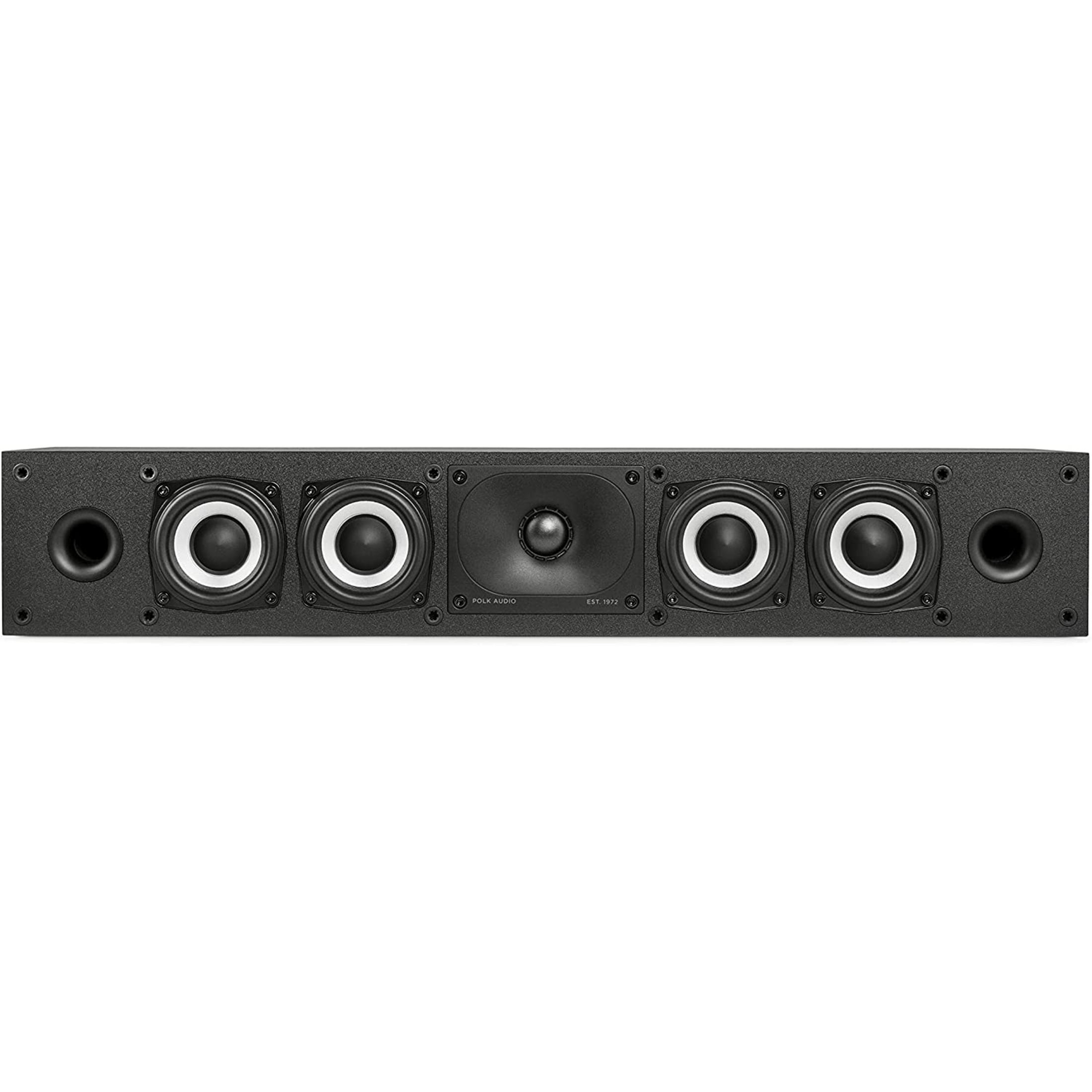 Barra de sonido negra con cinco altavoces: dos puertos bass reflex laterales, cuatro woofers, un tweeter.