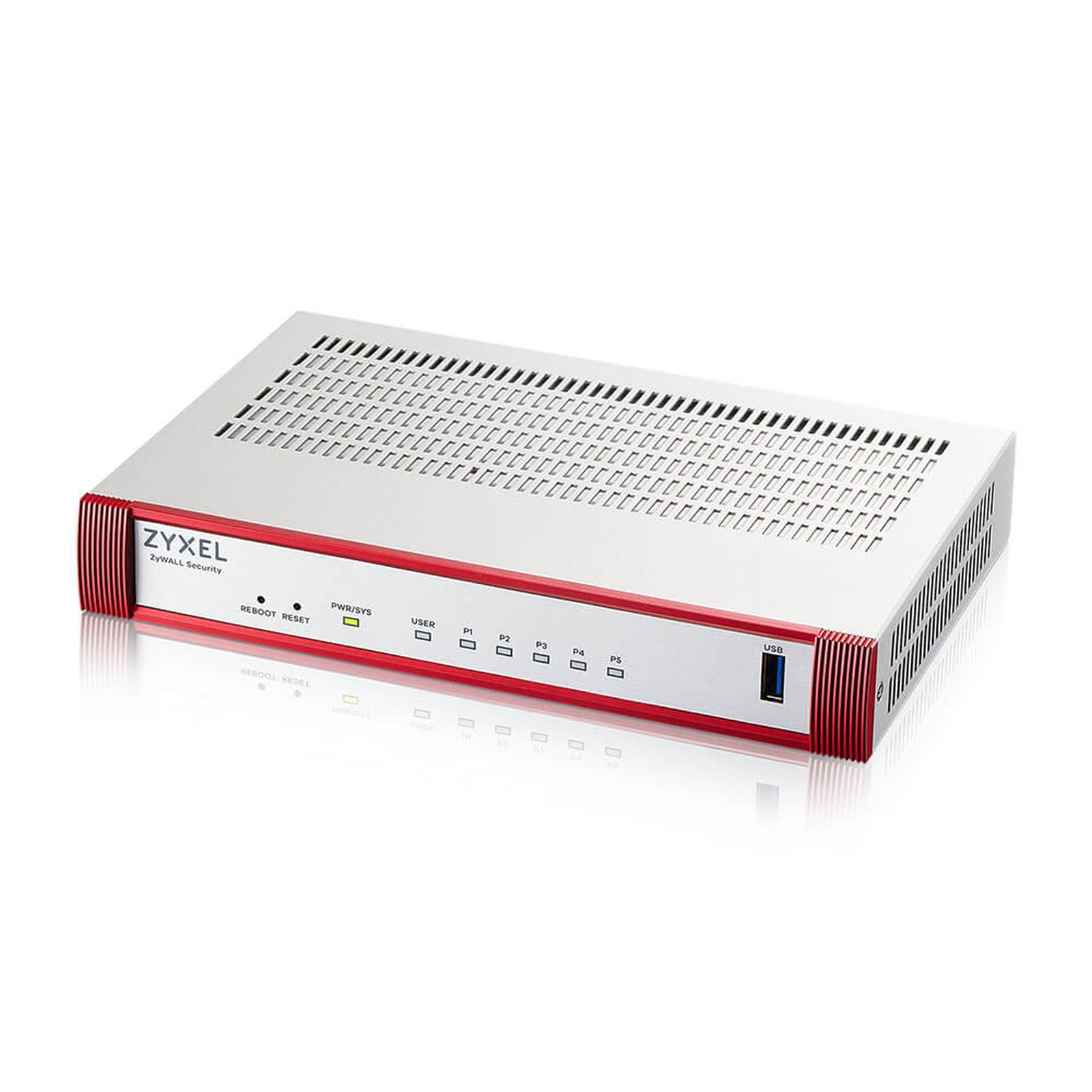 Srebrny router Zyxel ZyWALL Security z czerwonymi akcentami i otworami wentylacyjnymi.