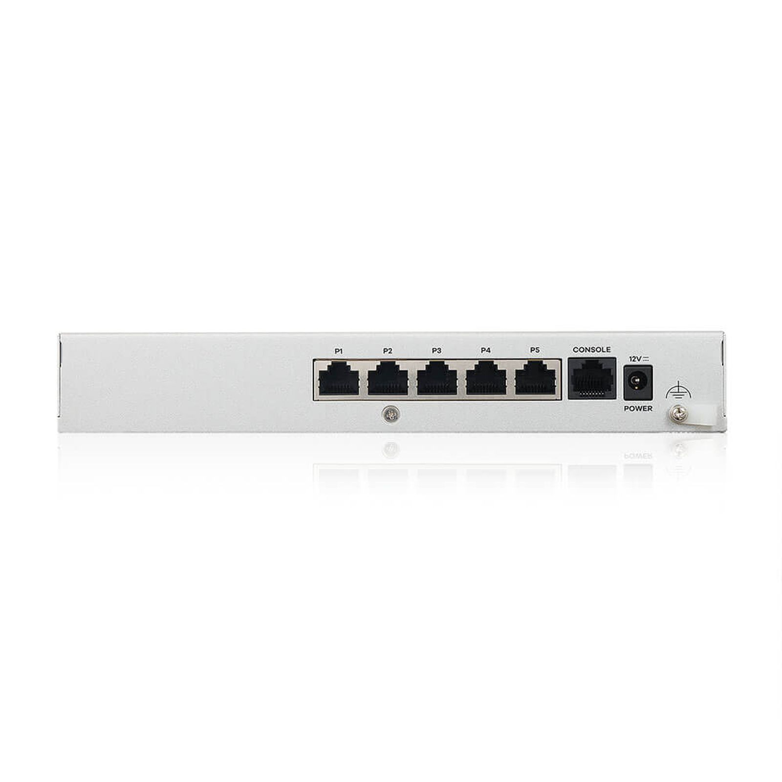 Białe urządzenie sieciowe z 5 portami Ethernet, portem konsoli i złączem zasilania.