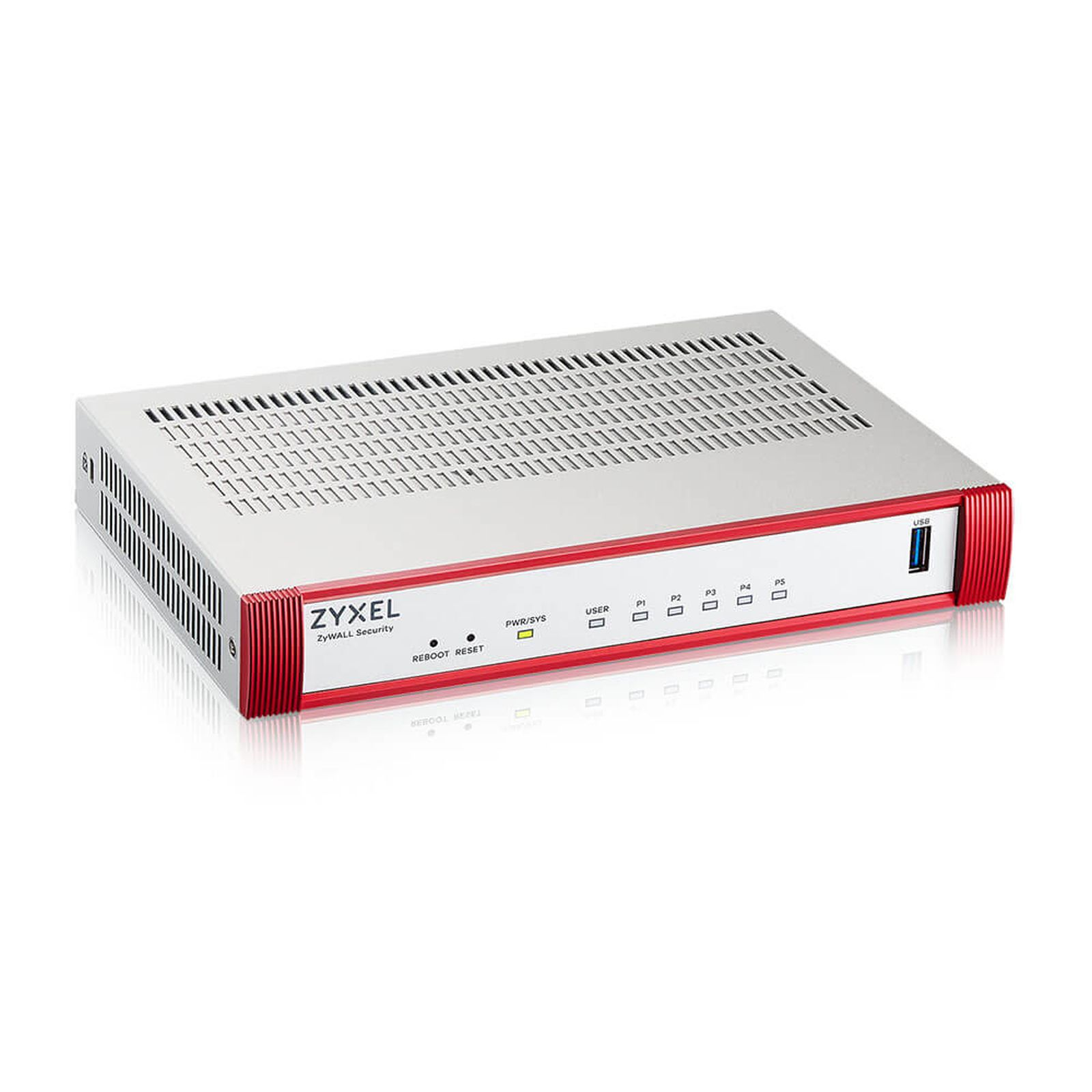 Srebrny router sieciowy Zyxel z czerwonymi akcentami i szczelinami wentylacyjnymi.