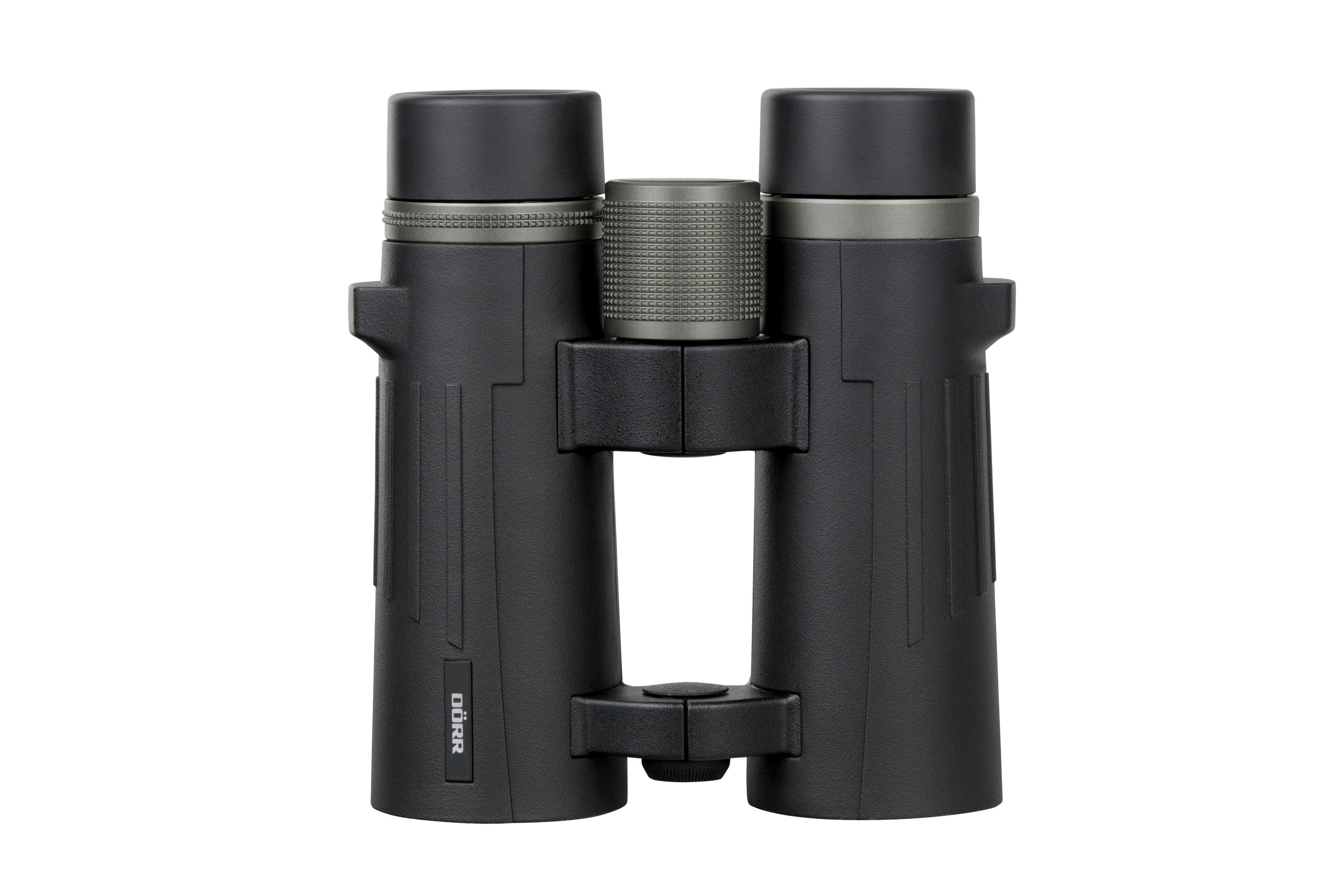 Schwarze Fernglas mit silbernem Fokusrad und silbernen Ringen.