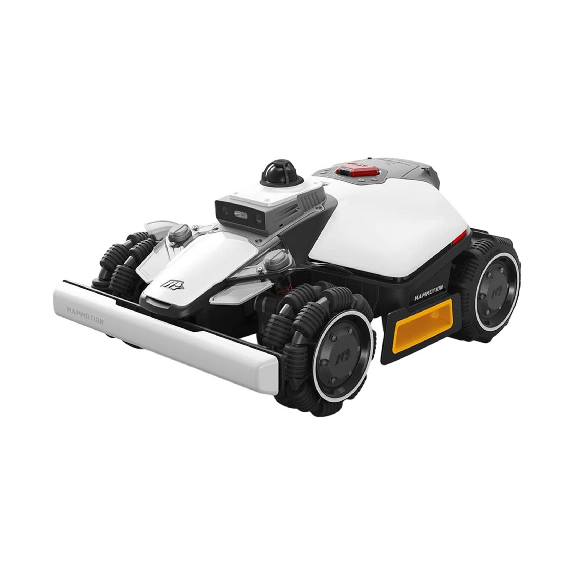 Ein weißer Roboter mit schwarzen Rädern und einem schwarzen Sensor auf dem Dach.