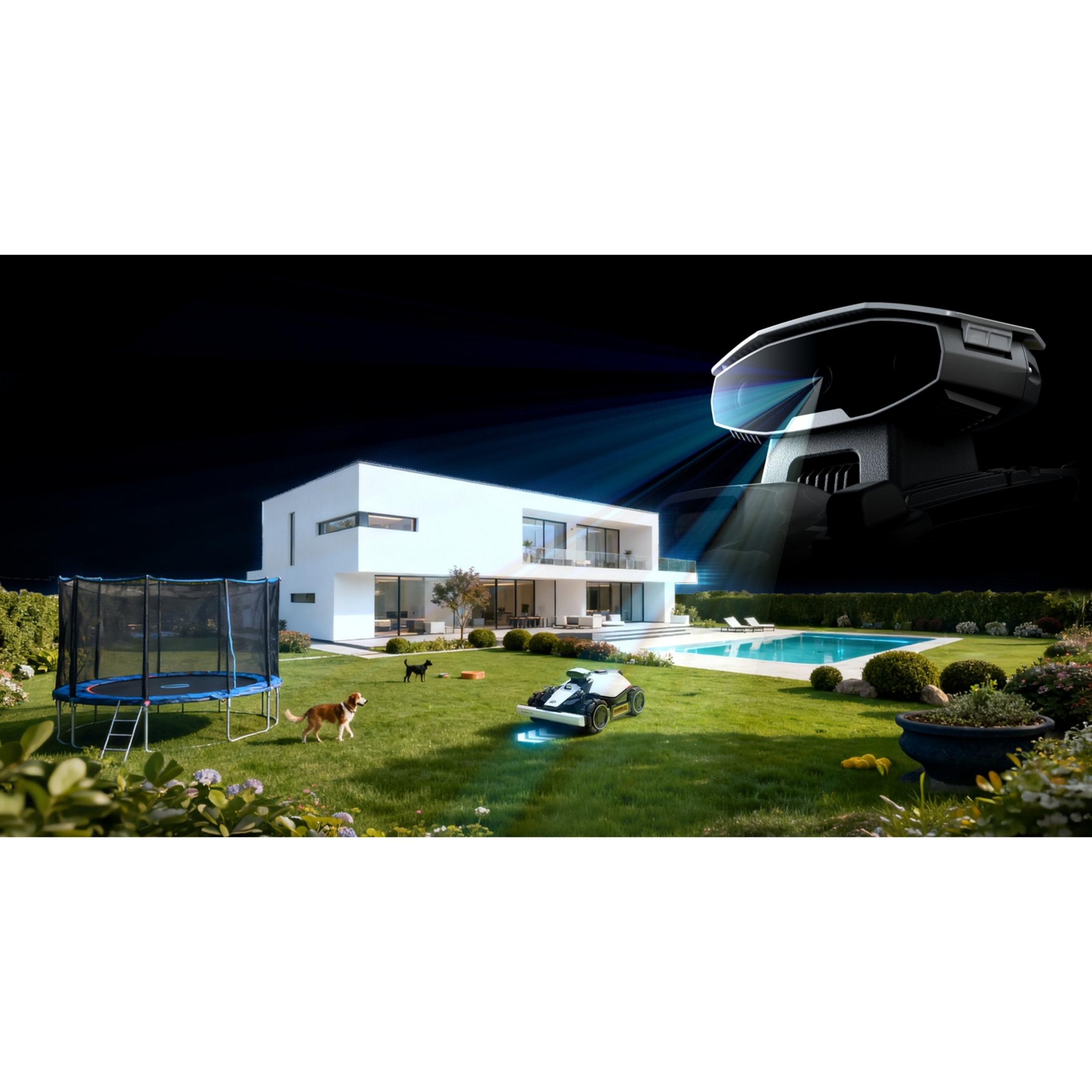 Ein modernes Haus mit Pool, Trampolin, Rasenmäher und Drohne.