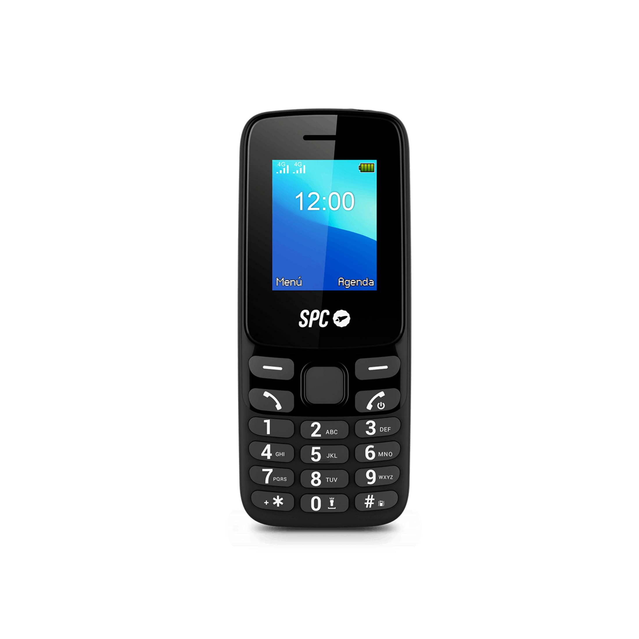 Telefono SPC nero con tastiera, display 4G e orario 12:00.