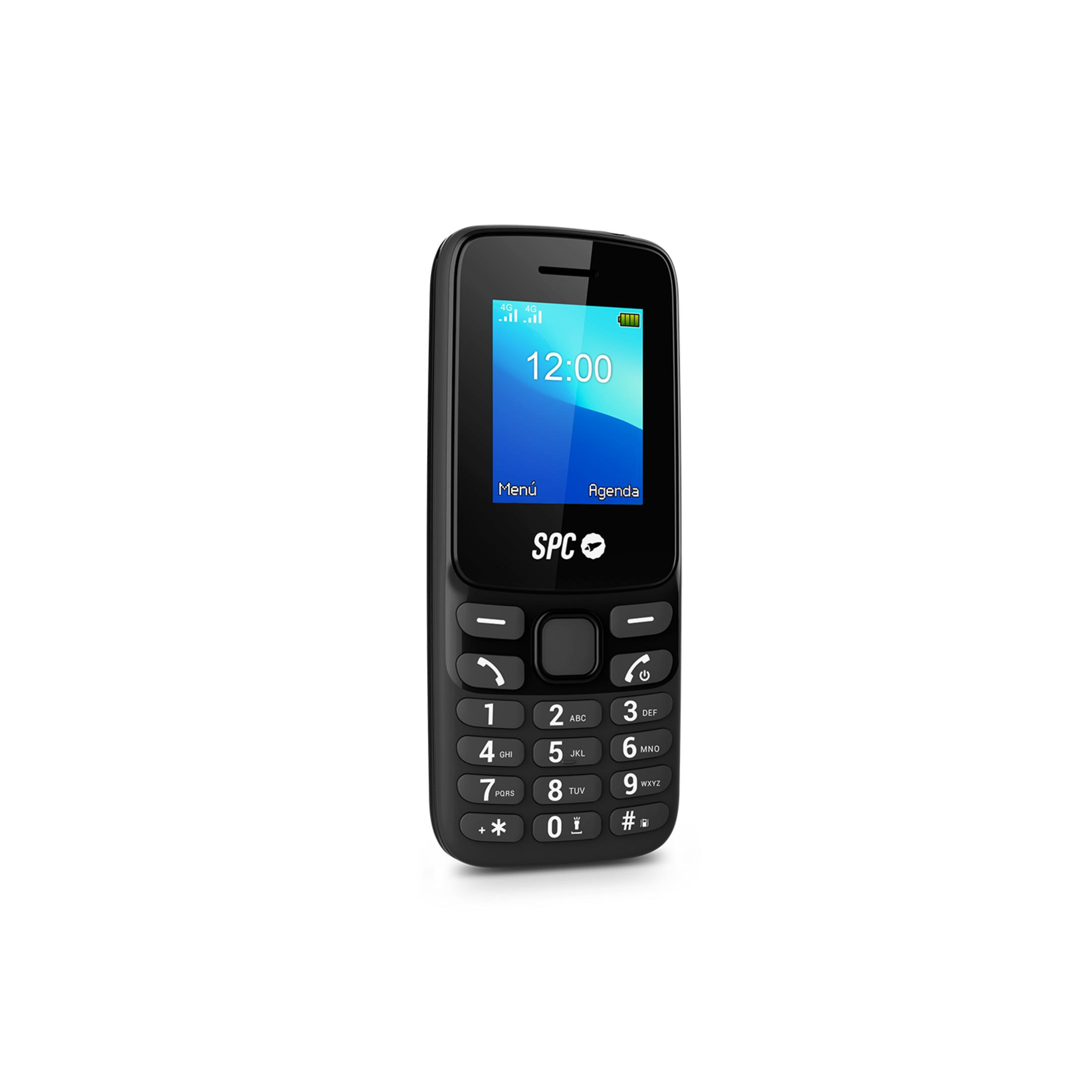 Telefono cellulare nero con tastiera, mostra le 12:00 sullo schermo.