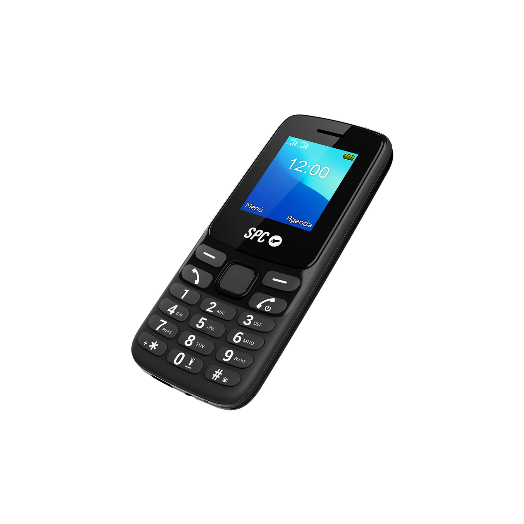 Un telefono cellulare SPC nero con tastiera e schermo che mostra le 12:00.