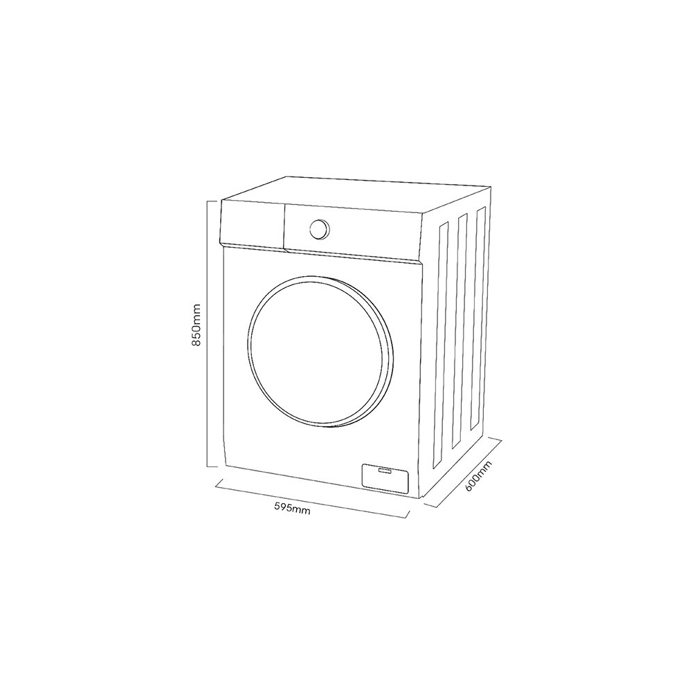 Dibujo técnico de una lavadora con dimensiones 850mm, 595mm y 600mm.