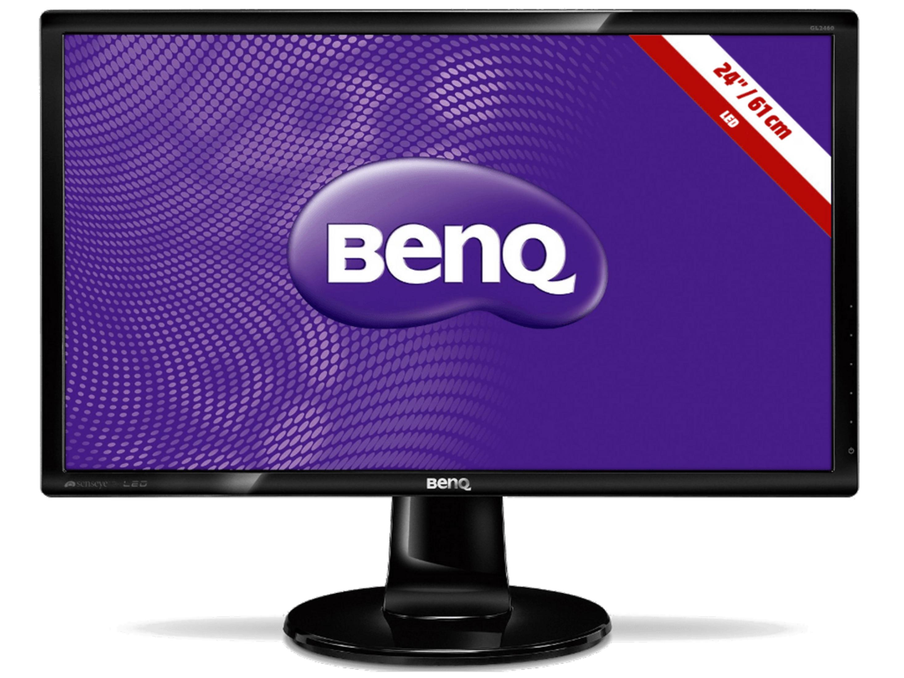 Un monitor LED BenQ nero con motivo e logo viola.