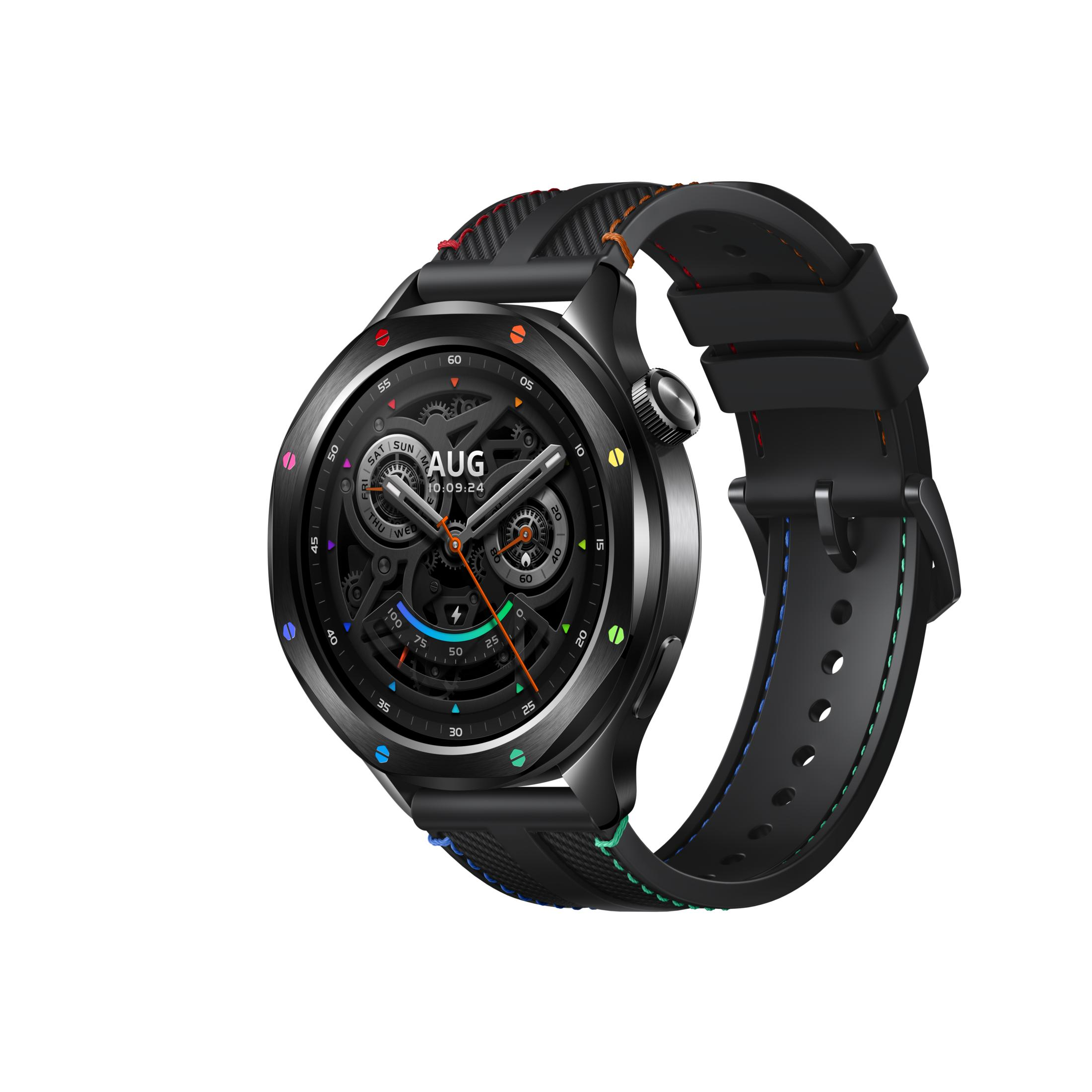 Eine schwarze Smartwatch mit bunt genähtem Armband und detailliertem Zifferblatt.