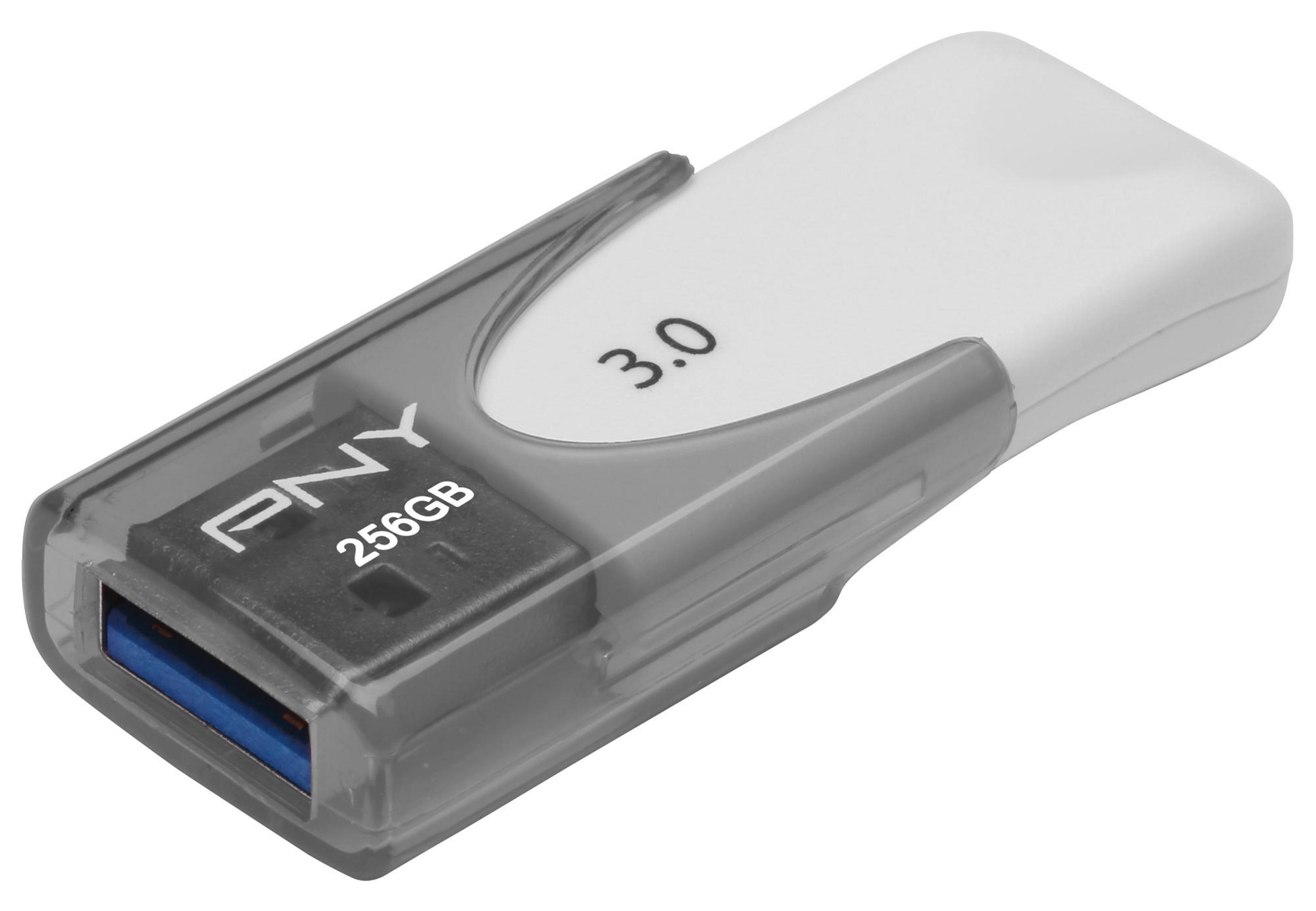 Un'unità USB PNY bianca e grigia da 256 GB e USB 3.0.